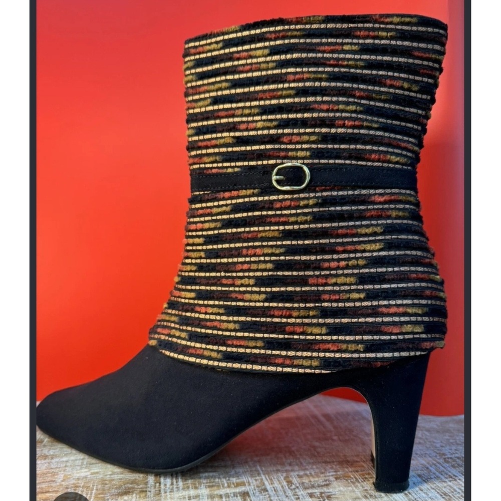 Vintage Annie Black Suede MultiColor Striped Fabric Mid-Calf tweed Boots Size 13